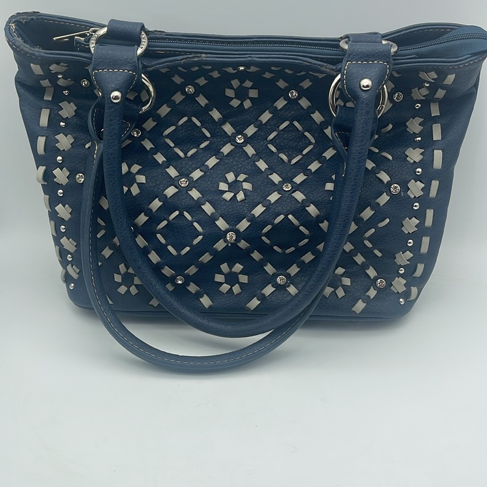 Montana West Leather Satchel Handbag Double Handles Rhinestones Blue Western